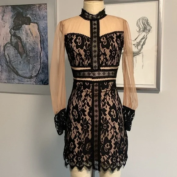 Endless Rose Black and Cream trompe l’oeil Lace Mini Dress - Picture 2 of 6